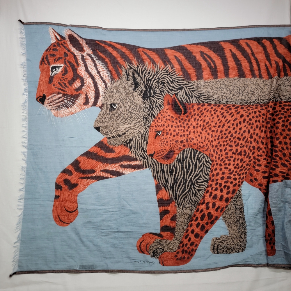 Inoui Editions Large Cats Wildlife Print Scarf in Blue and Orange 100% Cotton